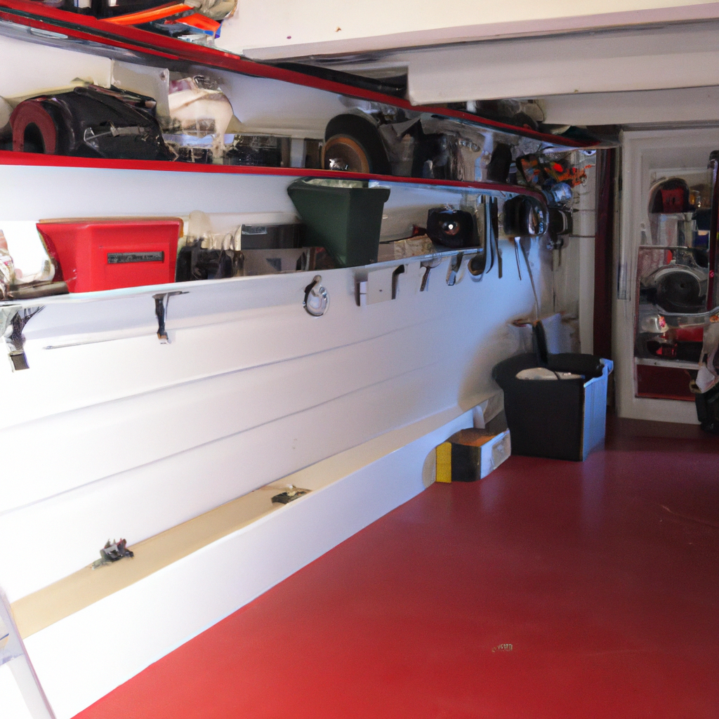 Well-organized garage interior with safety sensors on the door and clear floor markings to protect children and pets