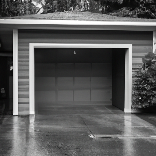 Residential sectional garage door with visible tracks and opener, cedar siding and wet driveway in Lynnwood, WA.