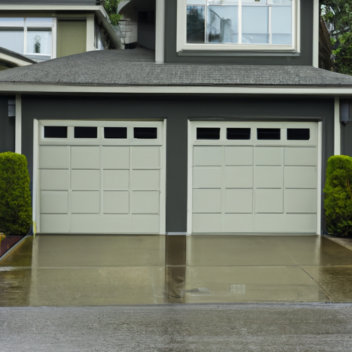 Suburban Lynnwood driveway with a modern insulated steel garage door, wet pavement and green shrubs under overcast sky.