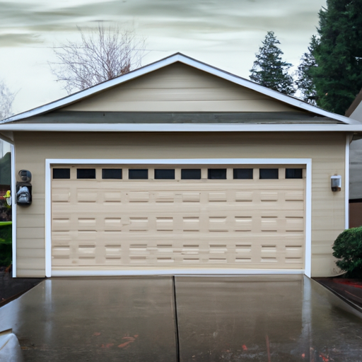 Suburban Lynnwood home with a closed garage door showing seals and panels on a wet morning.