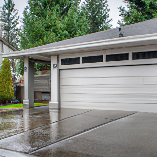Sectional garage door slightly open on a wet Lynnwood, WA driveway with overcast sky and evergreen background.