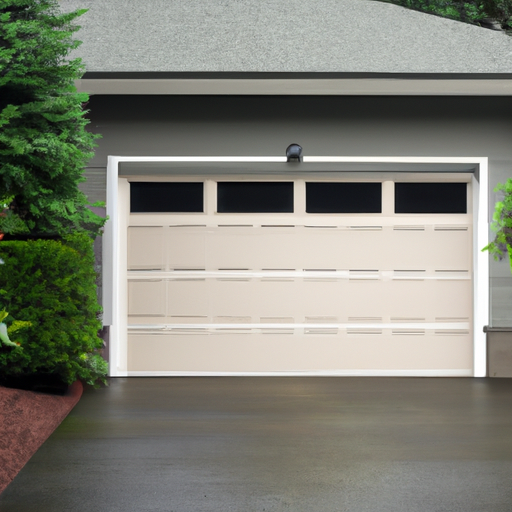 Suburban Lynnwood exterior with modern sectional garage door, driveway and evergreen backdrop on an overcast day.