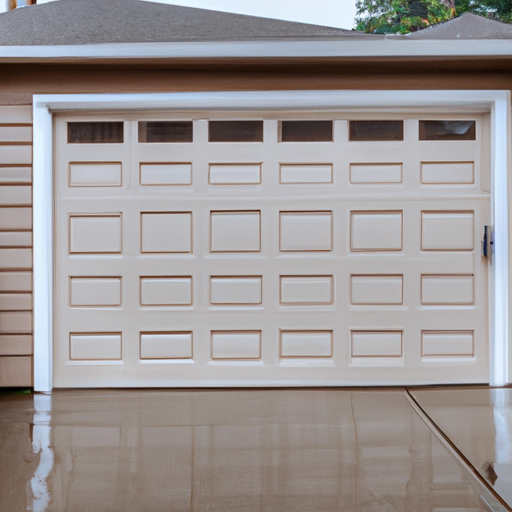 Wet driveway and weather-sealed residential garage door in Lynnwood, WA on an overcast day