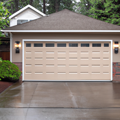 Residential garage door on a wet overcast day in Lynnwood, WA with evergreen background and visible door hardware.