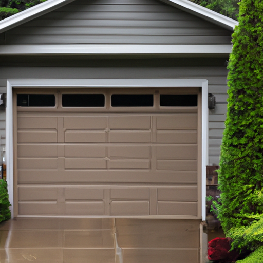 Modern insulated garage door on a Lynnwood, WA home with wet driveway and Pacific Northwest landscaping.