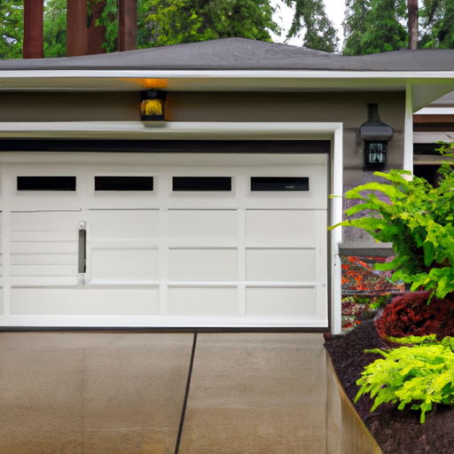Residential garage door in suburban Lynnwood, WA with visible opener rail and Pacific Northwest landscaping on an overcast day.