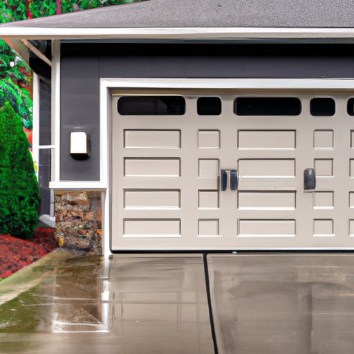 Modern sectional garage door on a Lynnwood home; wet driveway and visible tracks and hardware in overcast light.
