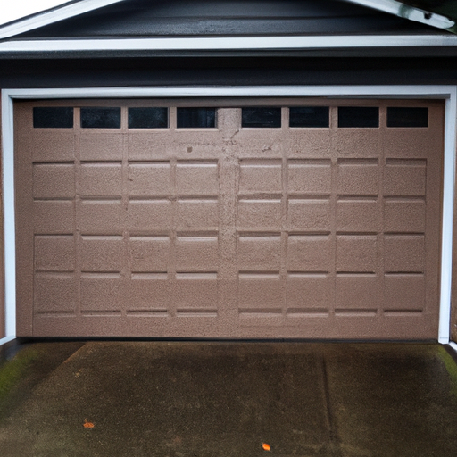 Insulated garage door on a suburban Lynnwood, WA home with cedar siding and clean driveway on an overcast day.