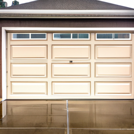 Suburban Lynnwood house with a modern paneled garage door on an overcast day, wet driveway visible