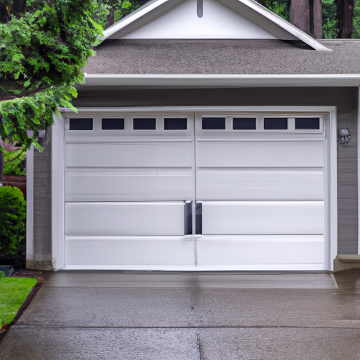 Residential garage door on a suburban Lynnwood, WA home with wet driveway and evergreen trees in the background.
