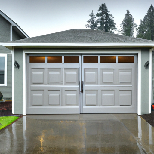 Modern sectional garage door on a Craftsman-style home in Lynnwood, WA with wet pavement and evergreen landscaping.