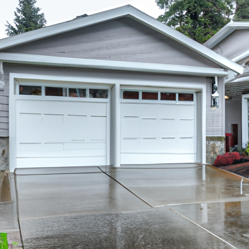 Insulated residential garage door on a Lynnwood, WA home with wet driveway and native landscaping, showing panels and seals.