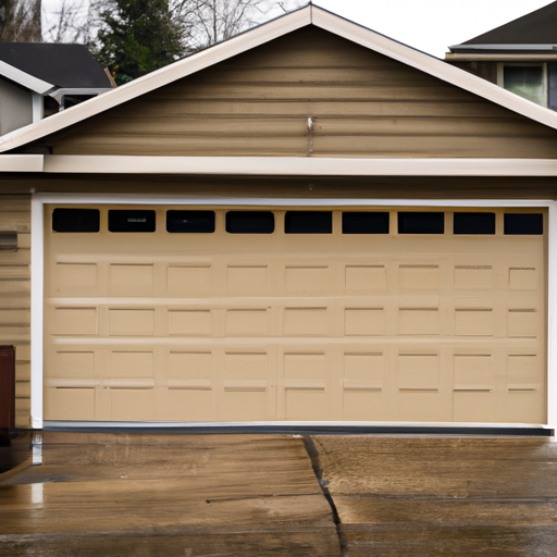 Residential garage door closed in a Lynnwood, WA neighborhood with visible weather stripping and damp driveway.