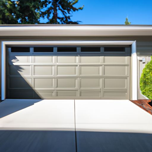 Suburban Lynnwood garage door with landscaping and driveway, daytime, showing garage door panels and weather seal.