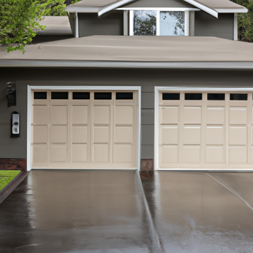 Residential garage door and driveway in Lynnwood, WA on an overcast day, door and tracks visible.