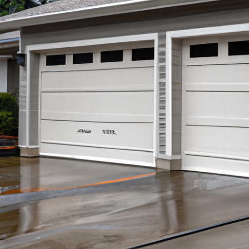 Modern sectional garage door with visible tracks and weather seal in a Lynnwood, WA suburban driveway on an overcast day.