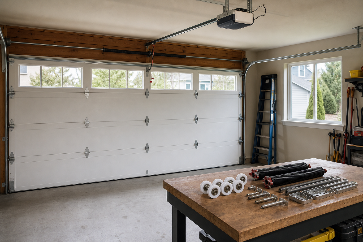 Residential garage door in Lynnwood, WA with replacement parts on a workbench